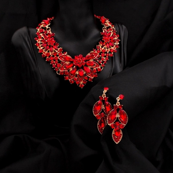 NEW Necklace and Crystal Earrings Cluster Flower Jewelry Set Red Gold - Picture 3 of 8